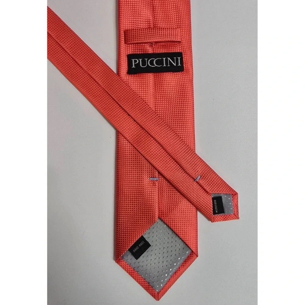 Puccini Necktie Mens Coral Red Microfiber Textured Classic Business Formal Wear